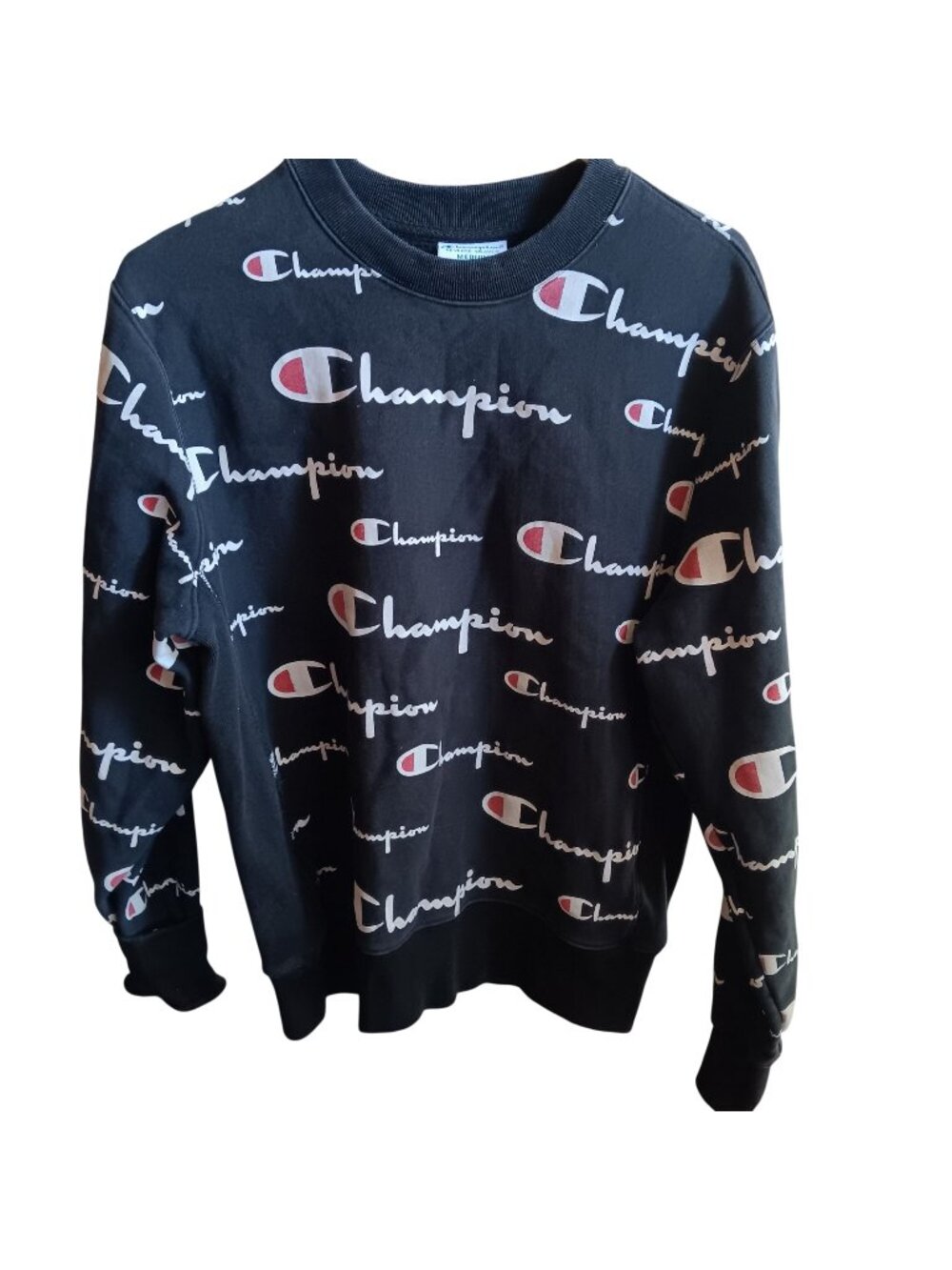 Vtg Y2K Champion Black Reverse Weave Sweatshirt AOP All-Over Logo